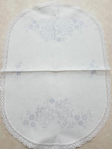 Stamped Embroidered Tablerunner with flowers on white linen. Size: 14.75" x 20.75"/37.5 cm x 52.7 cm 